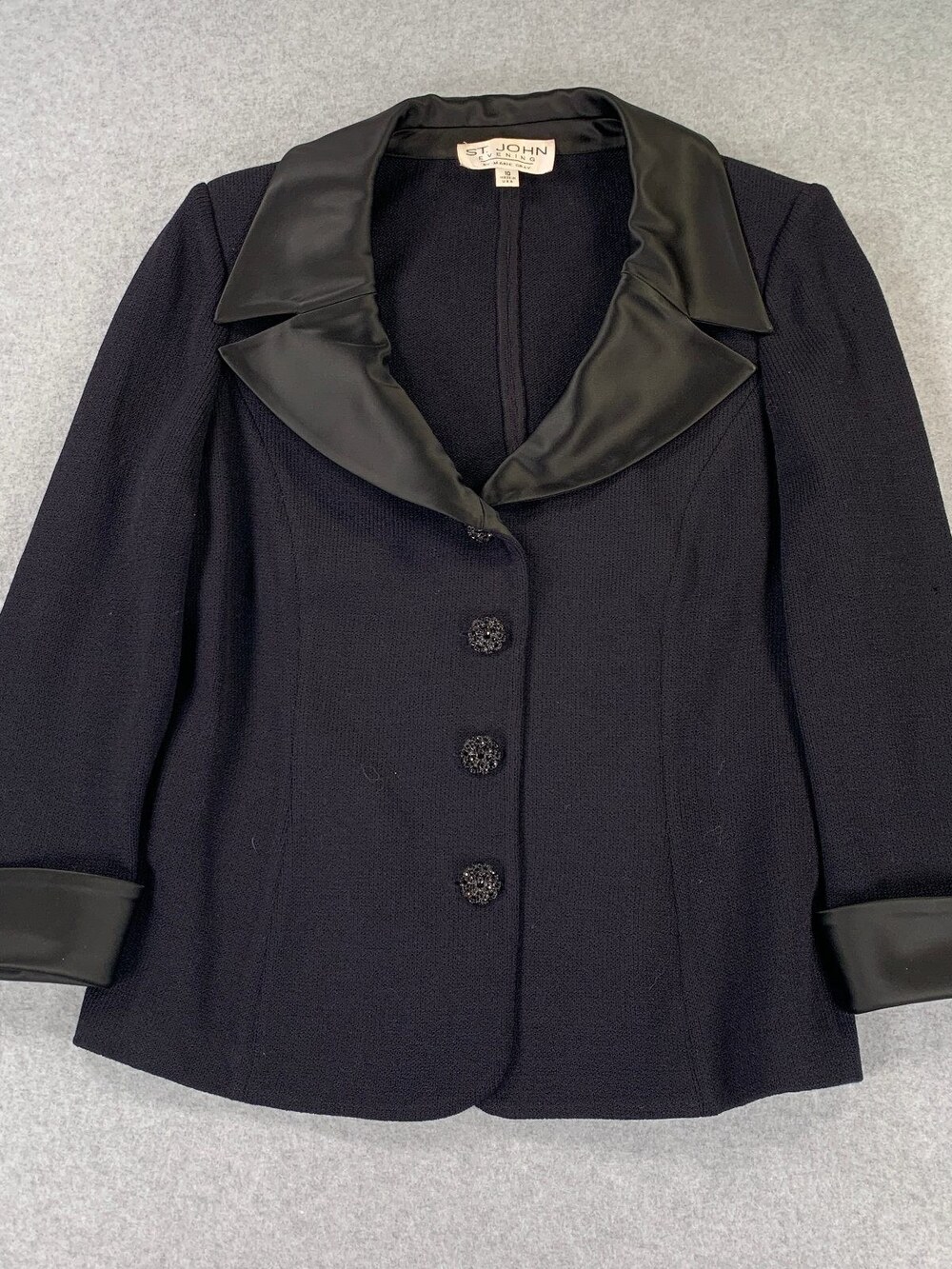 St. John Evening by Marie Gray Black Knit Blazer Jacket Satin Collar Size 10